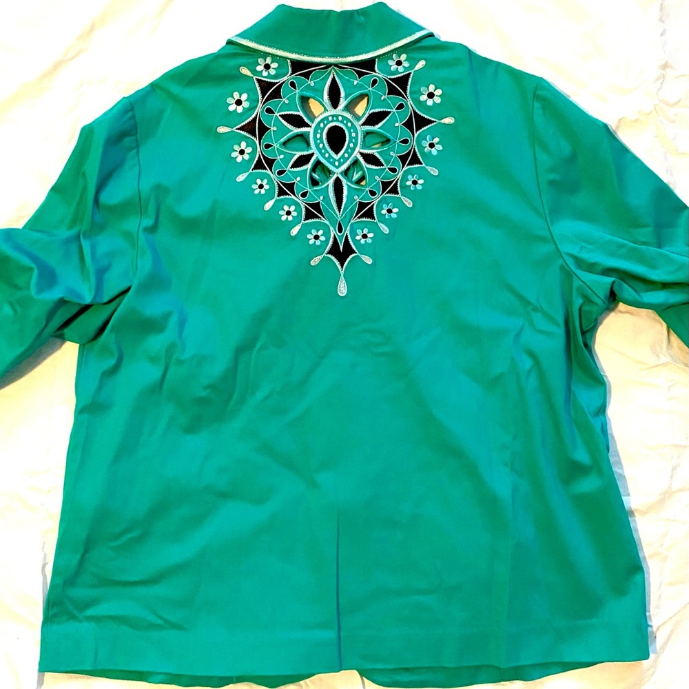 Bob Mackie Wearable Art Teal Green Laser Cut Embroidered Zip up Jacket - Picture 3 of 8